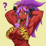  abs animal_costume animal_print breasts confused ezzyecchi large_breasts muscle muscular_female oni original purple_eyes red_skin tiger_costume tiger_print yellow_eyes 