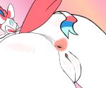  2019 anthro anus big_butt blue_eyes blush butt canid canine digital_media_(artwork) eeveelution female fur hi_res mammal nintendo nude ownychan pok&eacute;mon pok&eacute;mon_(species) presenting puffy_vulva pussy pussy_lips ribbons simple_background smile solo sylveon video_games white_fur 