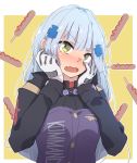  1girl blush commentary eyebrows_visible_through_hair food german_text girls_frontline gloves green_eyes hk416_(girls_frontline) katuo1129 ketchup light_blue_hair sausage solo stick tactical_clothes touching yellow_background 