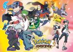  baseball_cap black_hair black_pants blonde_hair blue_eyes blue_hair brown_eyes brown_hair cape carnet_(pokemon) double_bun dragonite female_trainer_(pokemon_masters) garchomp gardevoir hair_over_one_eye hand_on_headwear hat jacket long_hair male_trainer_(pokemon_masters) mega_charizard_x mei_(pokemon) metagross official_art onix outstretched_hand pants pikachu pokemon pokemon_(game) pokemon_masters red_(pokemon) red_hair red_jacket red_neckwear rotom rotom_dex shirona_(pokemon) shirt takeshi_(pokemon) tsuwabuki_daigo twintails wataru_(pokemon) white_shirt 