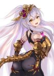  1girl arched_back ass ass_support bodysuit breastplate breasts commentary_request contrapposto cowboy_shot elbow_gloves fang from_side gloves granblue_fantasy hair_between_eyes hands_on_own_ass headgear lavender_hair long_hair looking_at_viewer medusa_(shingeki_no_bahamut) open_mouth pointy_ears ramuda_(guilty931) red_gloves simple_background skin_fang small_breasts solo tail vambraces very_long_hair yellow_eyes 