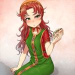  1girl blush chiaki_rakutarou curly_hair dragon_quest dragon_quest_vii eyebrows_visible_through_hair food green_eyes highres holding holding_food long_hair maribel_(dq7) red_hair sandwich simple_background sitting sitting_on_lap sitting_on_person solo 