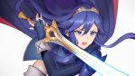  1girl absurdres blue_eyes blue_gloves blue_hair cape ei1han falchion_(fire_emblem) fingerless_gloves fire_emblem fire_emblem:_kakusei gloves glowing glowing_sword glowing_weapon hair_between_eyes highres holding holding_sword holding_weapon long_hair lucina open_mouth ribbed_sleeves shoulder_armor sword symbol_in_eye thighs tiara weapon wrist_cuffs 