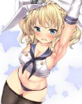  1girl armpits arms_up bangs black_legwear black_neckwear black_panties blonde_hair blue_eyes blush braid breasts capelet colorado_(kantai_collection) cosplay cowboy_shot crop_top crying crying_with_eyes_open elbow_gloves eyebrows_visible_through_hair french_braid gloves hair_ribbon hairband highres kantai_collection large_breasts looking_at_viewer navel neckerchief necktie nijimoto_hirok open_mouth panties pantyhose pantyhose_pull ribbon sailor_collar school_uniform serafuku shimakaze_(kantai_collection) shimakaze_(kantai_collection)_(cosplay) short_hair sidelocks skindentation solo star sweat tears underwear white_gloves white_ribbon 