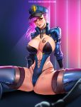  1girl alternate_costume arms_behind_back badcompzero blue_legwear breasts cleavage commentary_request hat highres hip_focus large_breasts league_of_legends long_hair looking_at_viewer necktie parted_lips pink_eyes pink_hair police police_hat police_uniform policewoman skindentation smile solo spread_legs sweat tattoo thick_thighs thighhighs thighs uniform vi_(league_of_legends) 