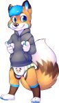  absurd_res bastion blue_eyes blue_hair canid canine clothing cub diaper fox hair hi_res hoodie mammal paws solo standing young 
