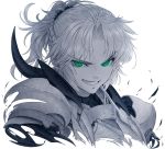  1girl armor breastplate commentary_request fate/apocrypha fate/grand_order fate_(series) green_eyes grin imizu_(nitro_unknown) limited_palette looking_at_viewer mordred_(fate)_(all) short_hair short_ponytail shoulder_armor sidelocks sketch smile solo upper_body white_background 