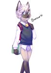  2018 absurd_res anthro backpack bastion blue_eyes book bottomless clothed clothing collar diaper domestic_cat felid feline felis hair hi_res mammal simple_background solo standing white_hair 