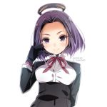  1girl black_gloves commentary_request dated forehead gloves hair_intakes hama_(_hama000) highres kantai_collection looking_at_viewer mechanical_halo neck_ribbon purple_eyes purple_hair ribbon short_hair simple_background smile solo tatsuta_(kantai_collection) twitter_username upper_body white_background 