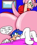 &gt;:) amy_rose bed big_butt blue_fur blush bubble_butt butt clothed clothing cloud english_text eulipotyphlan flying_sweatdrops fur gloves green_eyes hair hedgehog invalid_color jodagee macro mammal micro open_mouth pink_bed pink_fur pink_hair red_clothing sitting sitting_on sky sonic_(series) sonic_the_hedgehog sweat sweatdrop text window 