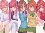  5girls arm_up blue_eyes blue_nails bow bowtie breasts brown_hair butterfly_hair_ornament cardigan cleavage collarbone collared_shirt go-toubun_no_hanayome green_bow green_neckwear green_skirt hair_between_eyes hair_ornament head_in_hand headphones headphones_around_neck highres index_finger_raised izumo_neru large_breasts long_hair multiple_girls nakano_ichika nakano_itsuki nakano_miku nakano_nino nakano_yotsuba one_eye_closed pink_hair red_hair shirt short_hair skirt star star_hair_ornament thick_thighs thighhighs thighs twintails white_legwear white_shirt 