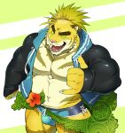  2017 anthro bulge clothed clothing eyebrows felid flower fur green_eyes hi_res jacket looking_at_viewer magan male mammal muscular muscular_male navel open_mouth open_smile pantherine plant ponytail skimpy sleeves smile solo swimwear tiger tokyo_afterschool_summoners topwear video_games xxomgx yellow_fur 
