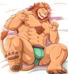  2019 a3_lion abs anthro bedroom_eyes brown_mane bulge butt chest_fur clothing felid half-closed_eyes hi_res kemono lion lying male mammal mane muscular muscular_male on_back open_mouth open_smile pantherine pawpads pecs seductive smile solo tongue tongue_out underwear 