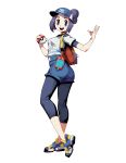  1girl bag blue_eyes blue_hair breasts flat_cap full_body genzoman hat leggings looking_at_viewer open_mouth poke_ball pokemon pokemon_masters rotom rotom_dex shoes short_sleeves shorts simple_background smile sneakers tied_hair white_background 