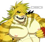  2017 anthro blonde_hair blush clothing felid fingerless_gloves fur gloves green_hair grin hair half-closed_eyes hi_res looking_at_viewer magan male mammal muscular muscular_male open_mouth open_smile pantherine pec_grasp seductive smile solo tiger tokyo_afterschool_summoners video_games xxomgx yellow_fur 