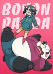  2019 anthro balls belly black_fur blush bottomwear bulge clothing cute_fangs duo english_text eyewear fur giant_panda glasses hoodie human male mammal moobs nipples overweight overweight_male shirt shorts text topwear ursid wantaro white_fur 