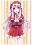  1girl absurdres artist_name belt blush box brown_hair eyebrows_visible_through_hair gift gift_box hat heart highres holding holding_gift long_sleeves looking_at_viewer open_mouth original pointy_ears red_eyes red_headwear santa_costume santa_hat sasucchi95 smile solo striped striped_background watermark 