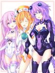  3girls :d blue_eyes blush braid breasts cleavage cleavage_cutout closed_eyes commentary_request covered_navel cowboy_shot elbow_gloves girl_sandwich gloves hair_between_eyes hair_ornament joney leotard locked_arms long_hair looking_at_another medium_breasts multiple_girls neptune_(series) open_mouth orange_hair orange_heart power_symbol purple_hair purple_heart purple_sister sandwiched shin_jigen_game_neptune_vii siblings sisters skin_tight smile symbol-shaped_pupils twin_braids twintails very_long_hair white_gloves white_leotard 