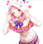 1girl ;q aran_sweater bang_dream! bangs blush bow closed_mouth eyebrows_visible_through_hair hands_up heart hood hood_up long_hair looking_at_viewer lunacle maruyama_aya one_eye_closed pink_hair pink_skirt pleated_skirt purple_bow purple_eyes simple_background skirt smile solo striped striped_bow sweater tongue tongue_out white_background white_sweater 