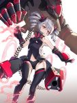  1girl aliceblue artist_name bare_shoulders black_legwear black_leotard breasts bronya_zaychik bronya_zaychik_(black_nucleus) charging clenched_hand drill_hair facial_mark floating gloves gradient gradient_background hair_between_eyes hair_ornament headgear highres honkai_(series) honkai_impact_3rd leotard lightning long_hair machinery outstretched_arm project_bunny red_eyes silver_hair simple_background small_breasts solo symbol-shaped_pupils thighhighs torn_clothes torn_leotard twin_drills 