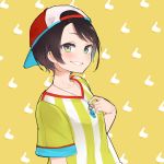  13o 1girl backwards_hat bangs baseball_cap bird black_hair blue_eyes blush collarbone commentary duck grin hat highres hololive looking_at_viewer multicolored multicolored_eyes oozora_subaru shirt short_hair short_sleeves smile solo striped striped_shirt upper_body virtual_youtuber whistle whistle_around_neck yellow_background yellow_eyes yellow_shirt 