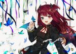  1girl :d ahoge bangs black_capelet black_dress blue_eyes blue_ribbon blurry blurry_background blush bow breasts bug butterfly capelet cleavage commentary_request cowboy_shot crescent crescent_hair_ornament daimaou_ruaeru demon_horns demon_wings dress eyebrows_visible_through_hair fang frilled_capelet frilled_sleeves frills green_ribbon grey_background hair_ornament hand_up highres horns insect long_hair long_sleeves looking_at_viewer neck_ribbon nijisanji open_mouth purple_ribbon red_bow red_eyes red_hair red_neckwear red_ribbon ribbon small_breasts smile solo sparkle two_side_up wings yuzuki_roa 