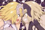  2girls angry armor blonde_hair blue_eyes chain clenched_teeth collar eyebrows_visible_through_hair fate/grand_order fate_(series) flat_color gin&#039;you_haru jeanne_d&#039;arc_(alter)_(fate) jeanne_d&#039;arc_(fate) jeanne_d&#039;arc_(fate)_(all) metal_collar multiple_girls neckwear open_mouth silver_hair sparks teeth yellow_eyes 