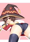  1girl ass ass_focus bandaged_leg bandages bare_shoulders belt black_gloves black_hair black_legwear blush brown_hair commentary_request dress fingerless_gloves gloves hat holding holding_staff kono_subarashii_sekai_ni_shukufuku_wo! large_hat looking_at_viewer megumin open_mouth panties pink_background red_dress red_eyes short_hair single_thighhigh solo staff thighhighs toshishikisai underwear upper_teeth witch_hat 