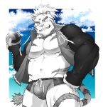  2017 anthro bulge clothed clothing eyebrows felid fur green_eyes grin hi_res jacket looking_at_viewer magan male mammal muscular muscular_male navel pantherine pecs ponytail skimpy sleeves smile solo sport swimwear tiger tokyo_afterschool_summoners topwear video_games volleyball xxomgx 