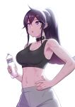  absurdres armpits bottle breasts character_request cleavage copyright_request dia_(yvirus68) hand_on_hip highres large_breasts midriff mole mole_on_breast mole_on_stomach mole_under_eye open_mouth purple_eyes purple_hair sports_bra sweat water_bottle white_background 