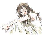  1girl :d ^_^ bangs blush brown_hair closed_eyes dress from_side hands_together highres kana_(okitasougo222) long_hair open_mouth original simple_background sitting sleeveless sleeveless_dress smile solo white_background white_dress 