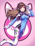  1girl ;d animal_print artist_name bangs blue_bodysuit bodysuit breasts brown_eyes brown_hair bunny_print charm_(object) clothes_writing d.va_(overwatch) facepaint facial_mark gloves gradient gradient_background headphones high_collar highres index_finger_raised long_hair looking_at_viewer looking_to_the_side medium_breasts one_eye_closed open_mouth overwatch pilot_suit pink_background ribbed_bodysuit sasucchi95 shoulder_pads signature skin_tight smile solo swept_bangs whisker_markings white_gloves 
