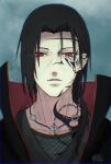  1girl black_hair collarbone hair_over_shoulder highres long_hair looking_at_viewer male_focus naruto_(series) naruto_shippuuden parted_lips ponytail portrait red_eyes sharingan solo tattoo twitter_username uchiha_itachi x_rrf2 