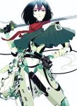  1girl belt black_eyes black_gloves black_hair emblem gloves green_capelet hair_between_eyes hand_on_hip highres holding holding_sword holding_weapon looking_at_viewer mikasa_ackerman nike red_scarf scarf shingeki_no_kyojin short_hair simple_background solo standing sword three-dimensional_maneuver_gear vinneart weapon white_background 