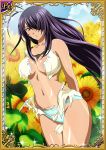  1girl aqua_panties arm_behind_back bangs breasts card_(medium) cleavage collarbone cowboy_shot dress floating_hair flower grey_eyes highres ikkitousen kan&#039;u_unchou large_breasts long_hair open_mouth panties purple_hair shiny shiny_hair shiny_skin solo standing sunflower sunlight swept_bangs torn_clothes torn_dress underwear very_long_hair yellow_flower 