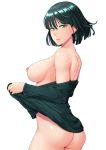  1girl ass bangs bare_shoulders black_hair blunt_bangs breasts dress dress_lift from_side fubuki_(one-punch_man) green_eyes half-closed_eyes highres lifted_by_self medium_breasts nipples no_bra no_panties off_shoulder one-punch_man oshiza short_hair sideboob smile solo undressing 