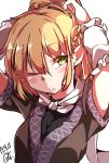  1girl arms_up bangs blonde_hair blush breasts closed_mouth dated eyebrows_visible_through_hair gokuu_(acoloredpencil) green_eyes hair_between_eyes highres looking_at_viewer medium_breasts mizuhashi_parsee one_eye_closed pointy_ears short_hair signature simple_background solo touhou upper_body white_background 