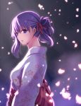  1girl :o alternate_costume alternate_hairstyle arms_at_sides breasts commentary_request fate/stay_night fate_(series) floral_print gradient gradient_background hair_between_eyes hair_bun hair_ribbon hair_up head_tilt japanese_clothes kimono long_sleeves looking_at_viewer matou_sakura medium_breasts obi object_namesake petals purple_eyes purple_hair red_ribbon ribbon sash sidelighting solo upper_body walkure yukata 