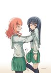  2girls absurdres bangs black_hair closed_eyes eyebrows_visible_through_hair frown girls_und_panzer hairband highres lifting_person long_hair looking_at_another looking_to_the_side multiple_girls ooarai_school_uniform orange_hair reizei_mako school_uniform smile takebe_saori unamused urouchi wavy_hair white_background yellow_eyes 