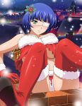  1girl bangs blue_hair blunt_bangs blush boots breasts cleavage eyepatch frown fur-trimmed_gloves fur-trimmed_shorts fur_trim gloves green_eyes hair_ornament huge_breasts ikkitousen long_hair looking_at_viewer mole mole_under_mouth night outdoors red_footwear red_gloves red_shorts ryomou_shimei santa_boots santa_costume santa_gloves shiny shiny_hair short_hair short_shorts shorts snowing solo strapless thigh_boots thighhighs underboob 
