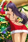  1girl absurdly_long_hair arms_up ass backless_dress backless_outfit bangs breasts christmas christmas_tree dress elbow_gloves fur-trimmed_dress fur-trimmed_gloves fur_trim gloves grey_eyes hair_over_one_eye highres holding ikkitousen indoors kan&#039;u_unchou large_breasts leaning_forward long_hair looking_at_viewer looking_back panties pantyshot pantyshot_(standing) purple_hair red_dress red_gloves santa_costume santa_gloves shiny shiny_hair short_dress shoulder_blades sideboob sleeveless sleeveless_dress smile solo standing strapless strapless_dress swept_bangs underwear very_long_hair white_panties 