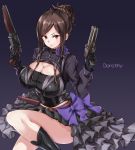  1girl belt black_dress black_footwear bow breasts brown_hair character_name cleavage cleavage_cutout dorothy_(princess_principal) dress dress_bow dual_wielding frilled_dress frills gun hair_bun handgun highres holding holding_gun holding_weapon large_breasts long_hair long_sleeves looking_at_viewer o-ring princess_principal purple_background purple_bow purple_eyes puru_(ex-150) revolver sidelocks solo weapon 