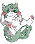  ambiguous_gender feral fur green_hair grey_fur hair hi_res kemono long_hair looking_at_viewer lying mammal on_back pawpads s.in simple_background smile sparkle_eyes white_background young 