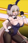  1girl :d ahoge animal_ears armband bare_shoulders black_legwear blush bow bowtie breasts bunny_ears bunny_girl bunny_tail bunnysuit cleavage contrapposto covered_navel cowboy_shot dated detached_collar eyebrows_visible_through_hair fake_animal_ears fate/grand_order fate_(series) gloves hair_between_eyes hairband half_gloves halftone halftone_background hand_on_hip j.k. jeanne_d&#039;arc_(alter)_(fate) jeanne_d&#039;arc_(fate)_(all) large_breasts leotard light_brown_hair long_hair open_mouth pantyhose purple_gloves smile solo sweatdrop tail very_long_hair wrist_cuffs yellow_eyes 