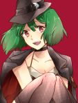  1girl black_legwear breasts brown_eyes brown_headwear choker cleavage collarbone green_hair hair_between_eyes hat hat_belt highres kisa_(kisa-kisa5900) looking_at_viewer macross macross_frontier ranka_lee red_background shiny shiny_hair short_hair simple_background sitting sleeveless small_breasts solo thighs 