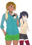  2girls arm_up bangs black_eyes black_hair black_shorts blonde_hair blue_shirt blunt_bangs bow cowboy_shot cup dark_skin disposable_cup drinking_straw earrings eyebrows_visible_through_hair green_shorts gyaru hair_bow half_updo hand_in_pocket hand_on_own_chin head_tilt highres holding holding_cup idolmaster idolmaster_shiny_colors izumi_mei jewelry lace-trimmed_shorts long_hair long_sleeves looking_to_the_side low_twintails mayuzumi_fuyuko multiple_girls pantyhose red_legwear shirt shirt_under_sweater shorts simple_background sleeves_rolled_up standing striped sweater swept_bangs t7s-kuroro tan_sweater twintails twitter_username untucked_shirt vertical-striped_shorts vertical_stripes white_background white_shirt 
