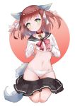  1girl absurdres animal_ears azur_lane belly blush brown_hair collar collarbone commentary_request dog_ears dog_tail green_eyes groin hair_ribbon highres kneeling looking_at_viewer navel panties ribbon shiratsuyu_(azur_lane) simple_background skirt skirt_lift solo tail underwear white_panties 