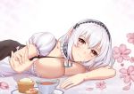 1girl artist_request azur_lane blush breasts brown_eyes cleavage collar cookie cup detached_collar dress eyebrows_visible_through_hair flower food frilled_collar frills hair_between_eyes icing jewelry large_breasts looking_at_viewer lying maid_headdress muffin on_stomach petals ring short_hair silver_hair simple_background sirius_(azur_lane) smile solo tea teacup wedding_band white_background 