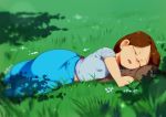  1girl :d absurdres blue_shirt blurry blurry_foreground brown_hair closed_eyes commentary day depth_of_field english_commentary facing_viewer grass highres jcm2 lisa_loud long_hair lying on_grass on_ground on_side open_mouth outdoors shirt short_sleeves sleeping smile solo the_loud_house 