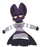  2019 4_fingers anthro bedroom_eyes bottomwear chiropteran clothing english_text fangs female fur half-closed_eyes lai_(weeeeps) looking_at_viewer mammal membranous_wings midriff navel purple_fur seductive shorts simple_background smile solo spread_arms standing text thick_thighs weeeeps white_background wings yellow_eyes 